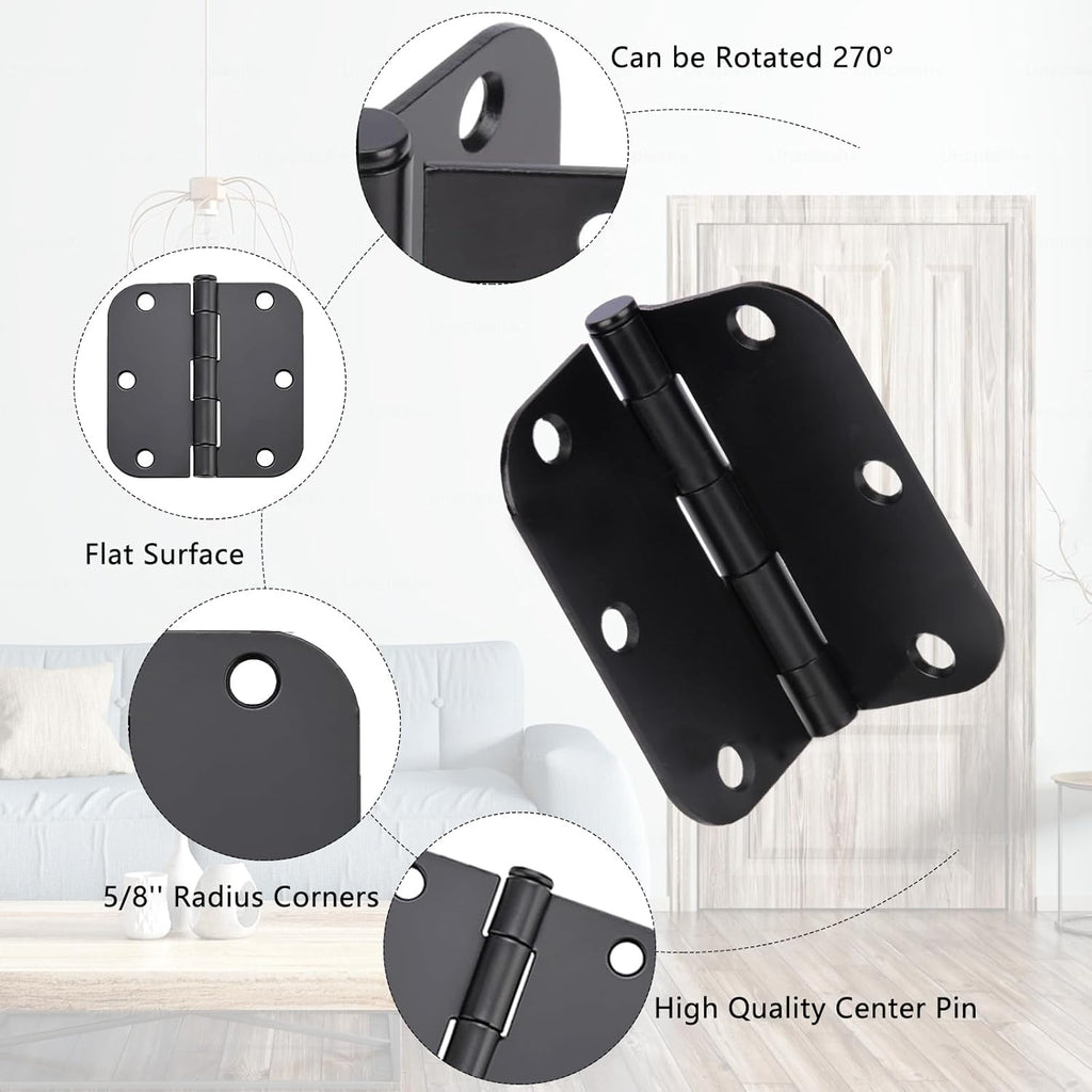 Matte Black Door Hinges 10 Pack 3x3 Inch Interior Door Hinges for Doors Rounded 5/8" Radius Corners Iron Hinge Door