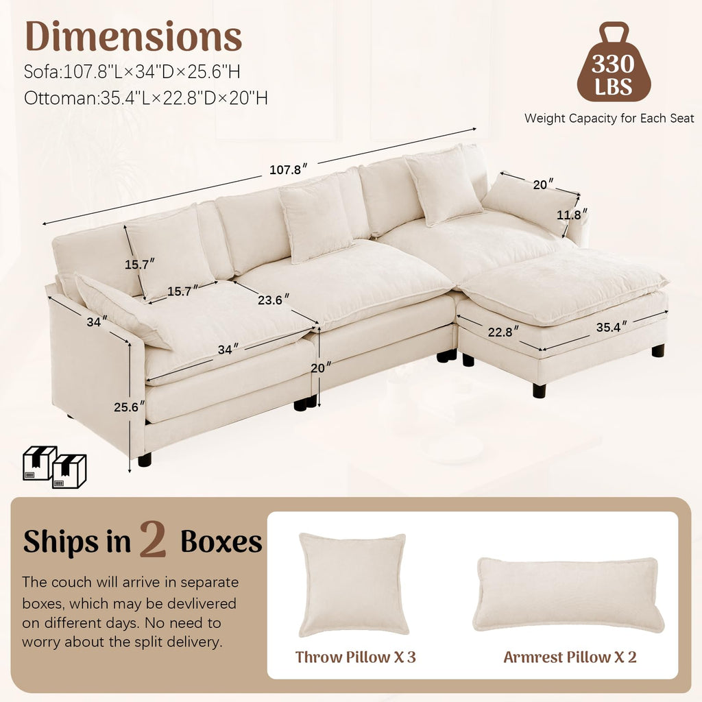 108" L-Shaped 3-Seater Modular Sectional Sofa with Ottoman