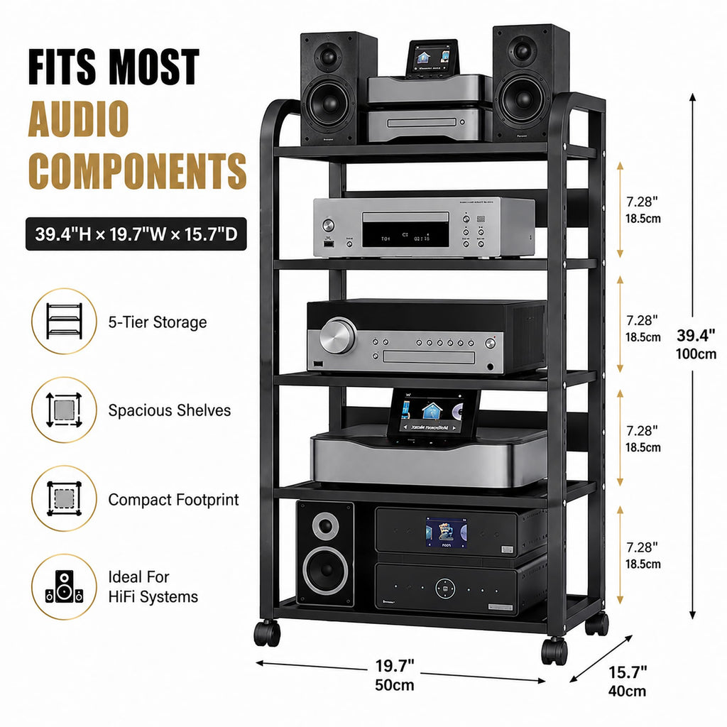 5 Tier Av Media Stand with Wheels, 39in Adjustable Audio Rack