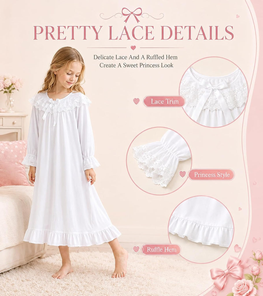 Girls Nightgowns Lace Long Sleeve Princess Pajamas Dress