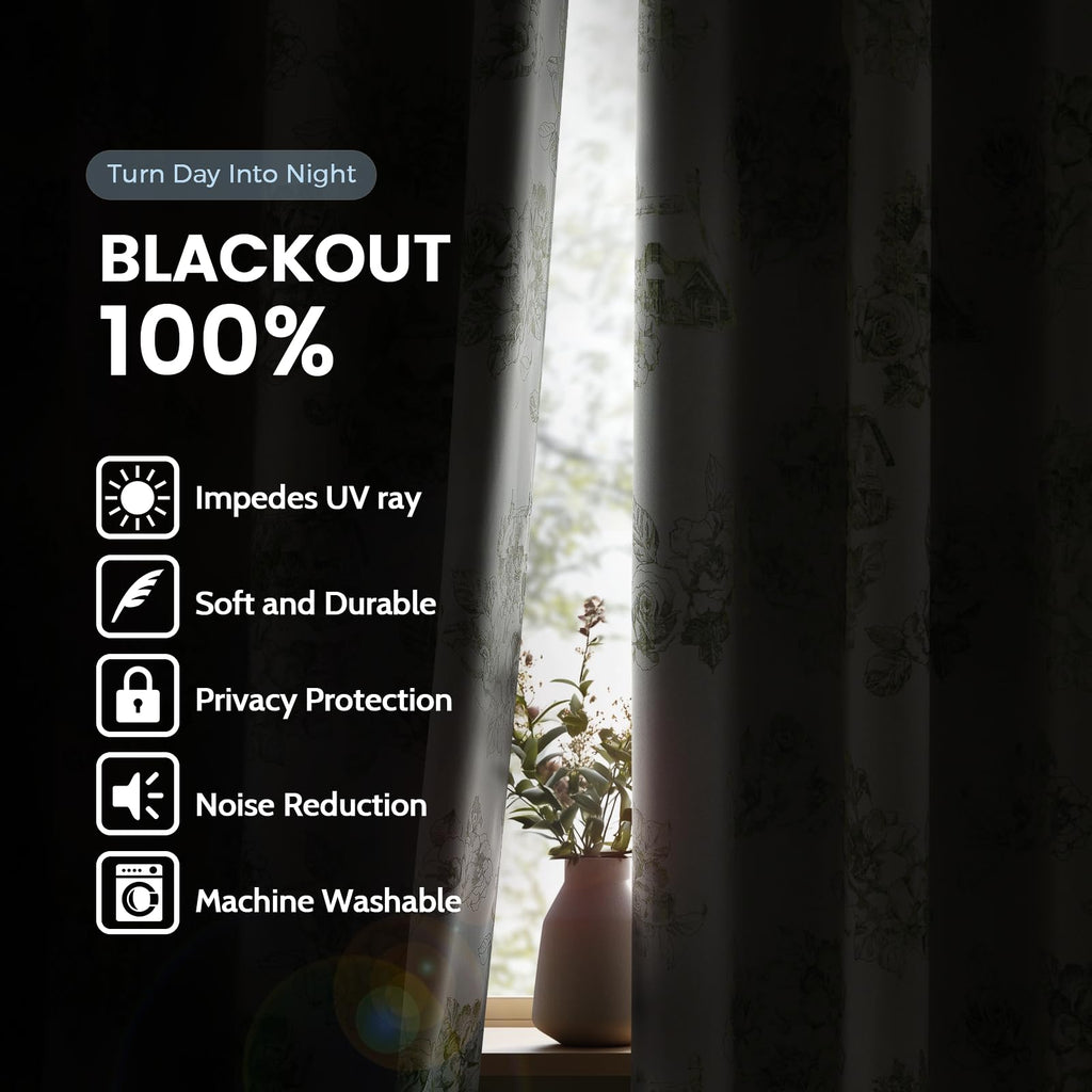 100% Blackout Curtains Green Curtains Floral 63 Inch