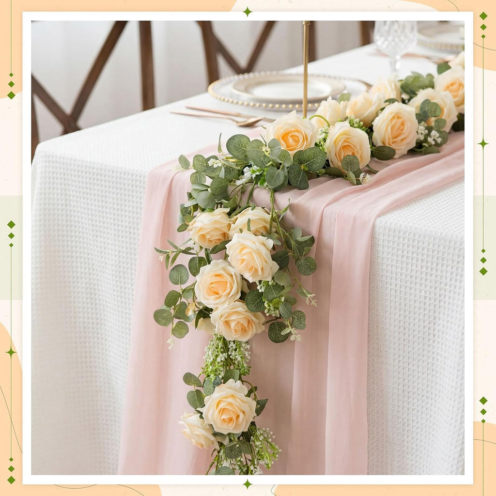 26 ft Artificial Eucalyptus Vines Garland with Flowers Faux Floral Greenery Garlands Rose Wreath for Wedding - Set of 6
