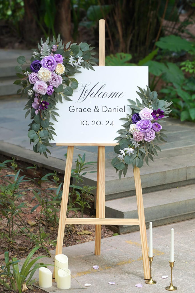 Faux Flower Swag Set of 2 for Wedding Welcome Signs Floral Decorations, Purple Wedding Arch Flowers for Wedding