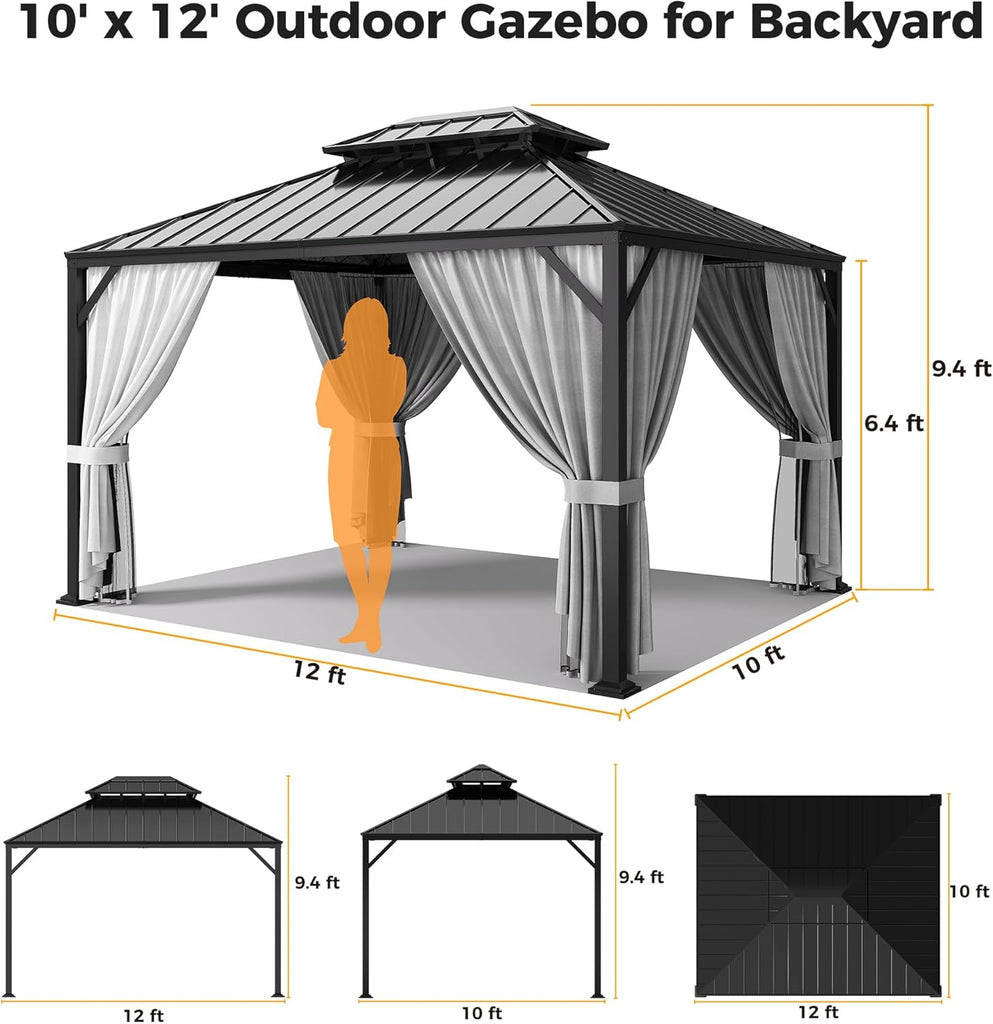 12'x10' Hardtop Gazebo, Update Aluminum Frame Gazebo with Galvanized Steel Double Roof