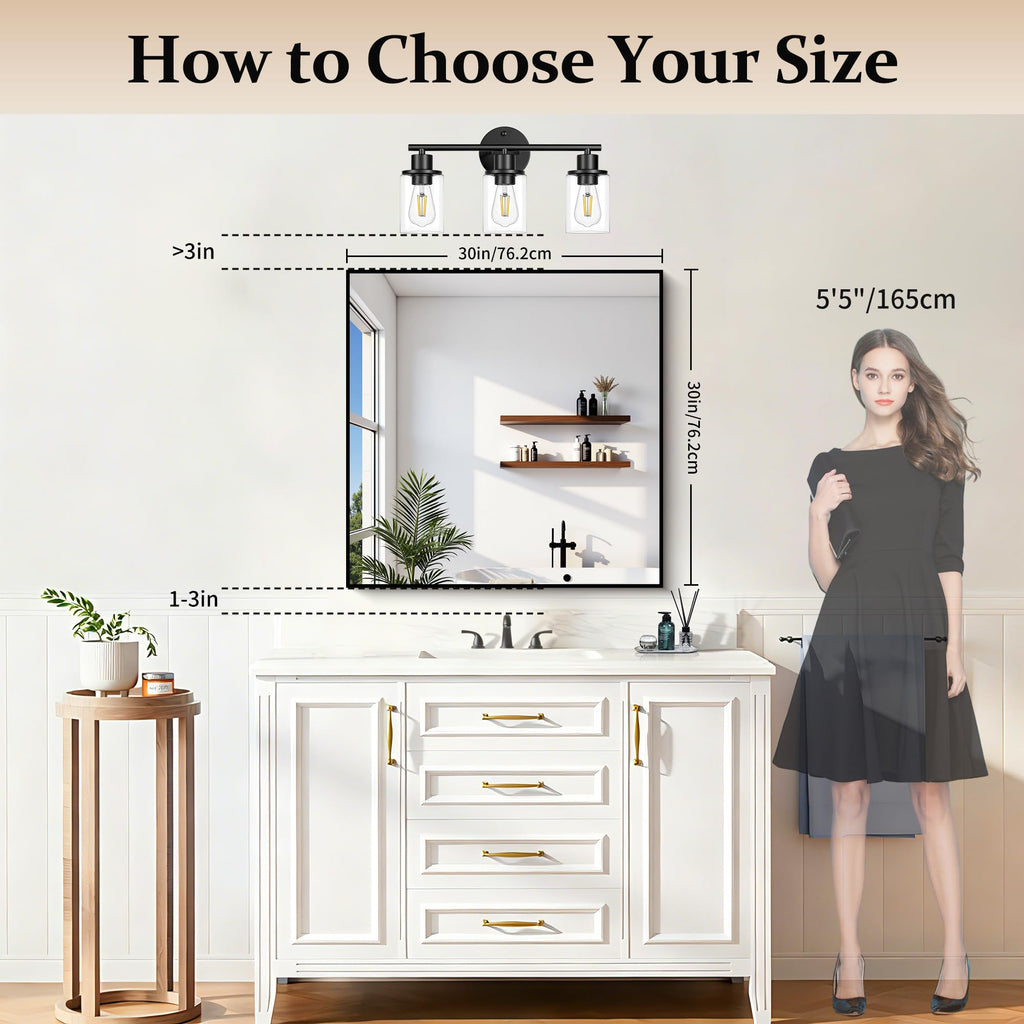Black Bathroom Mirror for Wall, 30x30 Inch Rectangle Mirrors with Metal Frame, Modern Vanity Wall Square Mirror