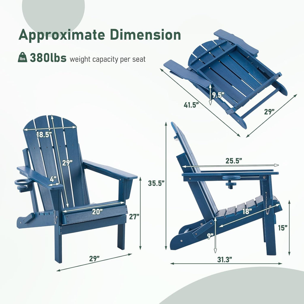 Folding Adirondack Chair, Outdoor HDPE Weather-Resistant Patio Chairs with Cup Holders, Plastic Chairs for Outside