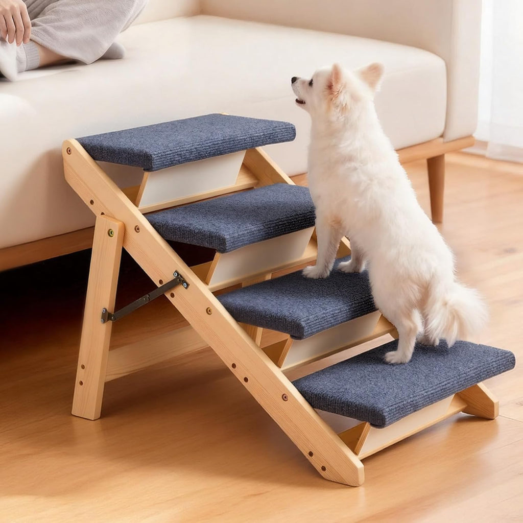 Wood Pet Stairs, 4-Step Dog Stairs for Beds, Sofa & Cars, 150lbs Load Capacity, Floded Flat Design