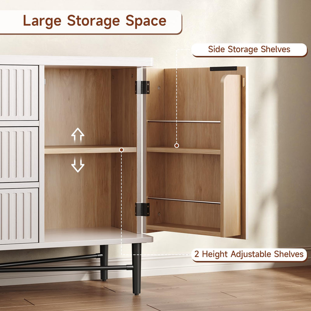 Fluted Buffet Cabinet with Door Shelves & 3 Storage Drawers, White