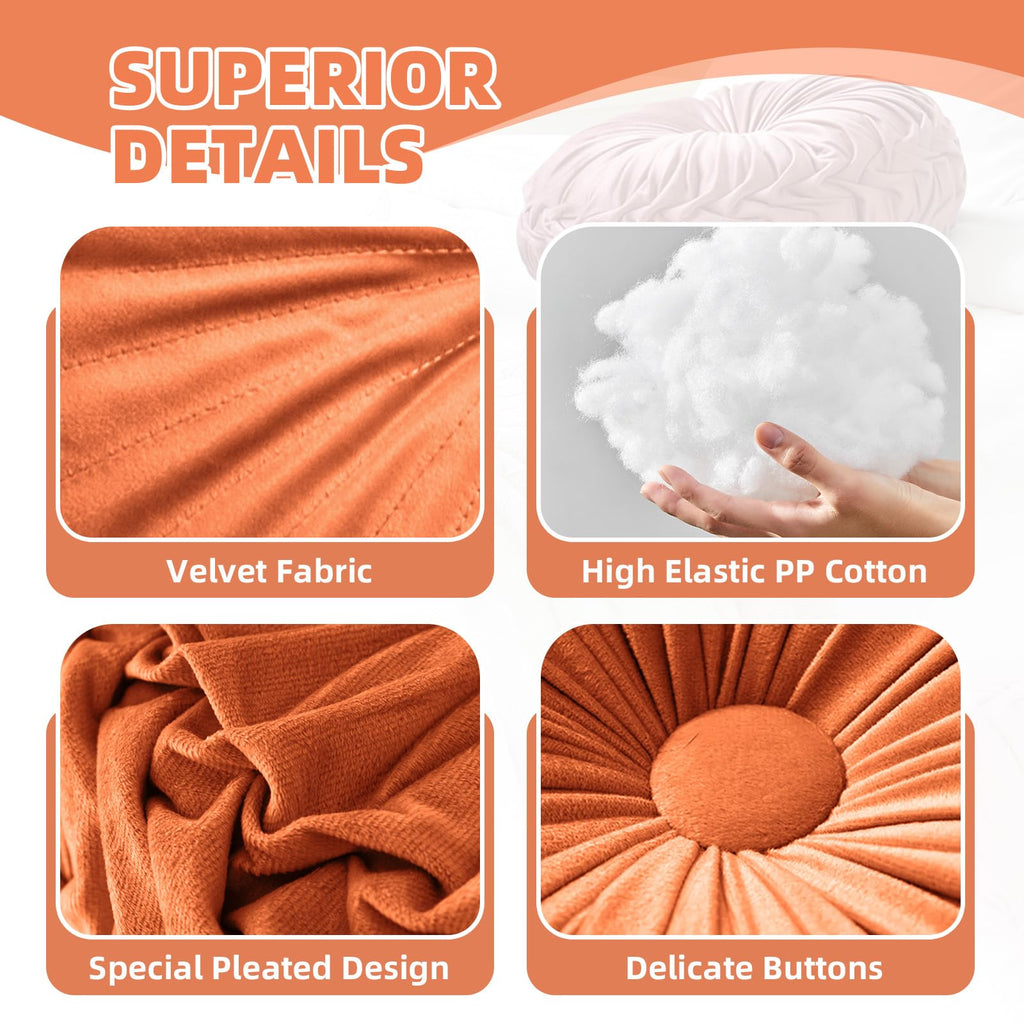 2 Pcs Round Throw Pillows Pleated Velvet Pumpkin Round Pillows