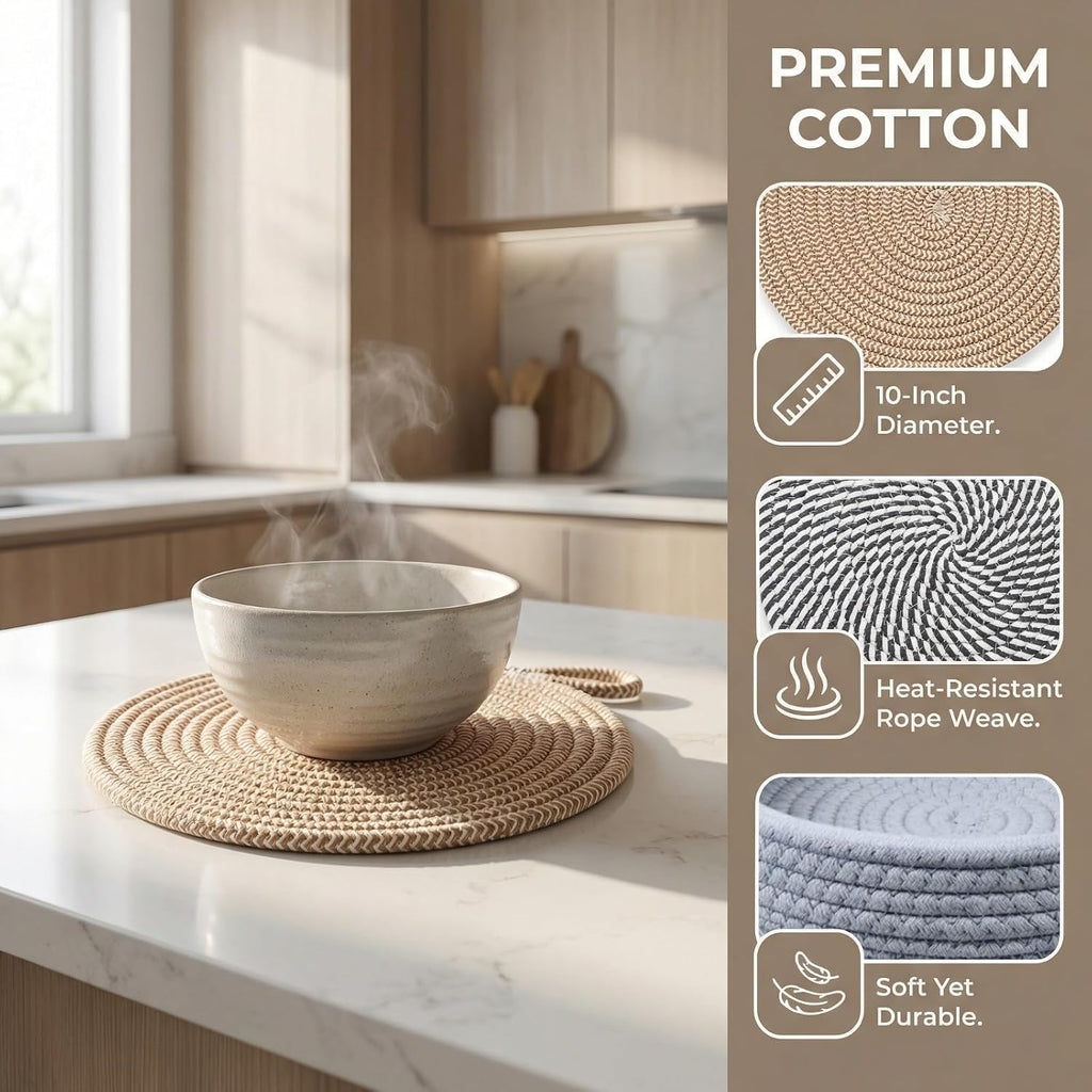 Inch Cotton Trivets for Quartz Countertops with Storage Basket - Thick Woven Hot Pads for Large Pots - Set of 5
