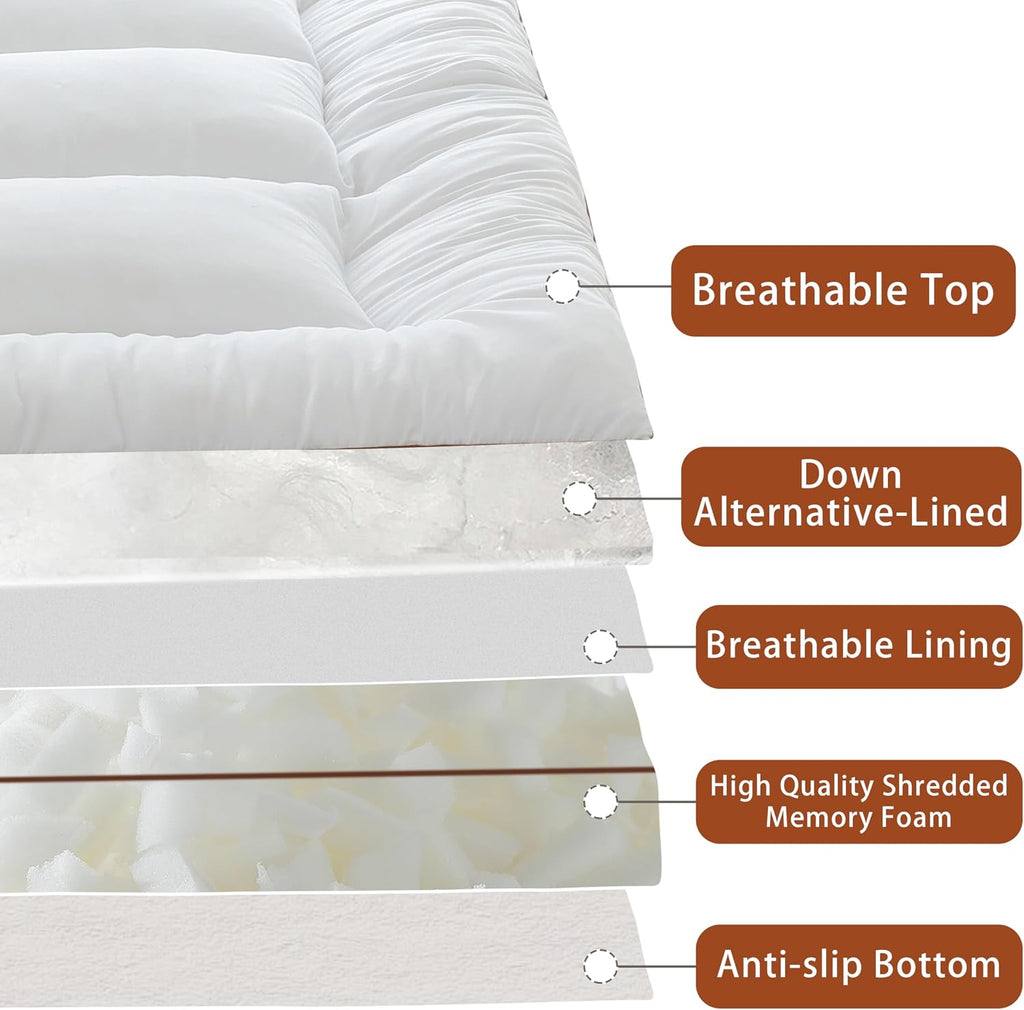 3 Inch Memory Foam Mattress Topper Queen, 60x80 Inch | 1700 GSM Fluffy Shredded Memory Foam Filled, Extra Thick
