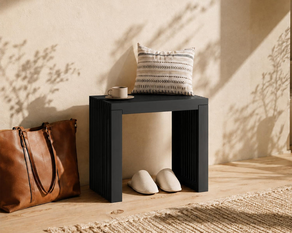 Bamboo Dining Bench, 18'' Slatted Design Entryway Bench, Black