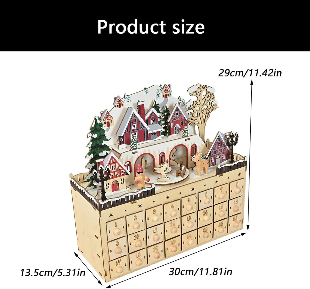 Wooden Advent Calendar, Hand Carved Christmas Calendar With House Tree LED Lights 24 Days With 24 Compartments
