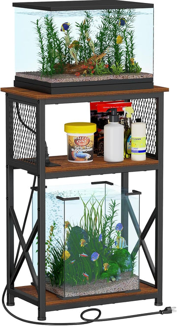 10 Gallon Fish Tank Stand with Power Outlets, Aquarium Stand with Storage, 3 Tier Heavy Metal Reptile Tank Stand Fish