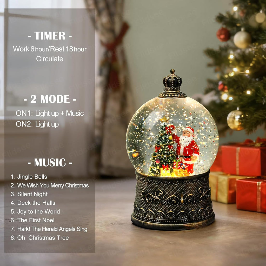 Christmas Snow Globe Lantern, Glitter Musical Snowglobe Light with Timer, USB & Battery Powered Music Box, Santa