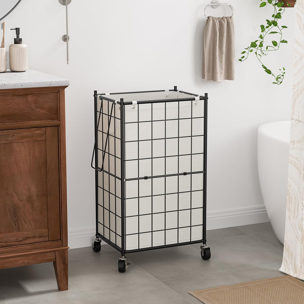 Rolling Laundry Basket, Metal Wire Frame Laundry Hamper with Wheels
