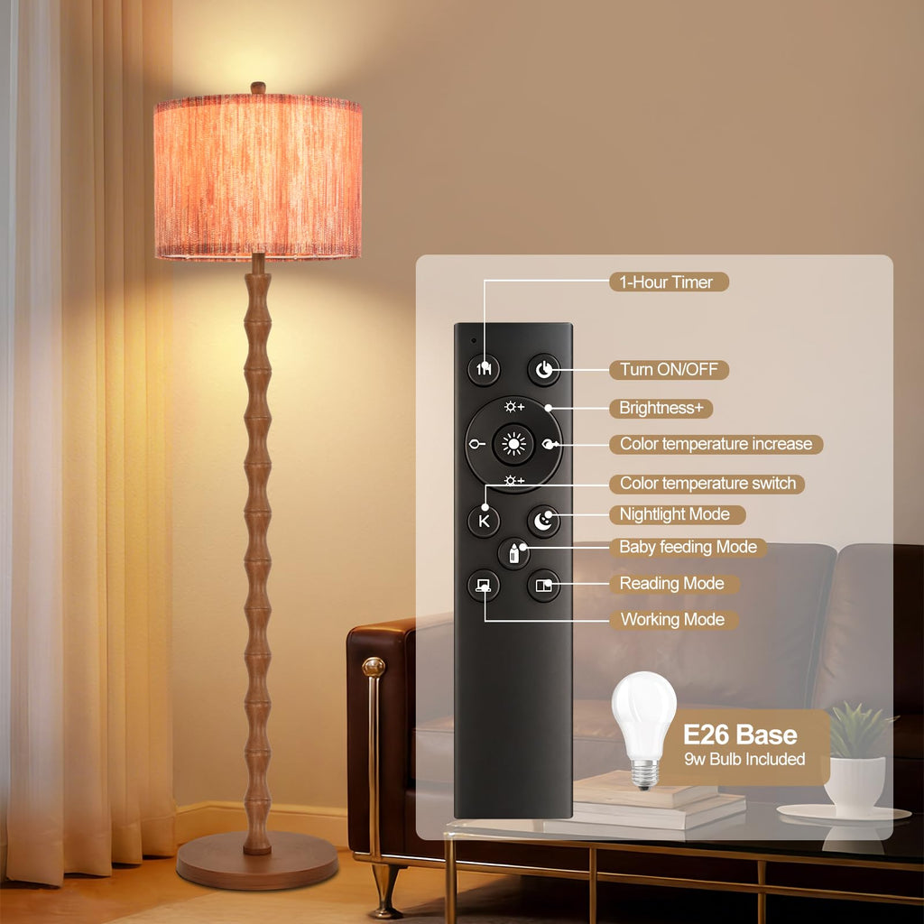 Wood Floor Lamps Boho Farmhouse Floor Lamp with Remote Control,Dimmable Vintage Floor Lamp Mid Century Modern
