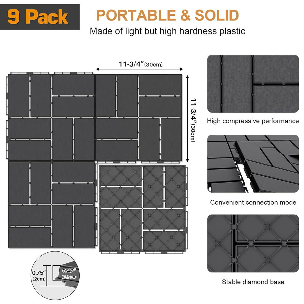 Plastic Interlocking Deck Tiles, 9 Pack Outdoor Patio Flooring, 12"x12" Interlocking Decking Tile Outdoor All Weather