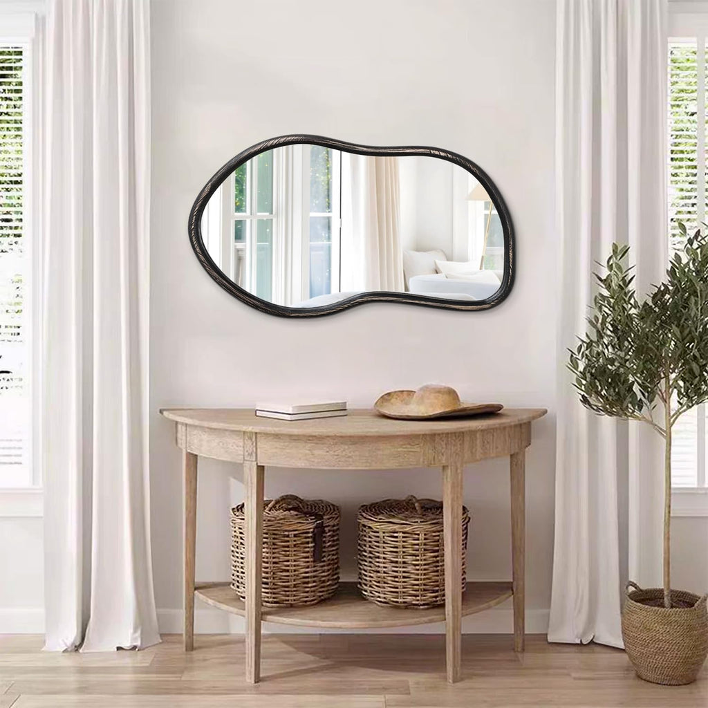 Asymmetrical Wood Mirror Irregular Wall Mirror Large Bathroom Mirror for Over Sink Rustic Black Wall Mounted Mirror