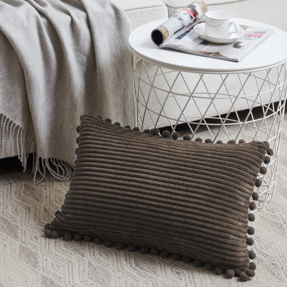 2 Pack Dark Brown Lumbar Decorative Throw Pillow Covers 12x20 Inch with Pom-poms for Couch Bedroom, Soft Corduroy