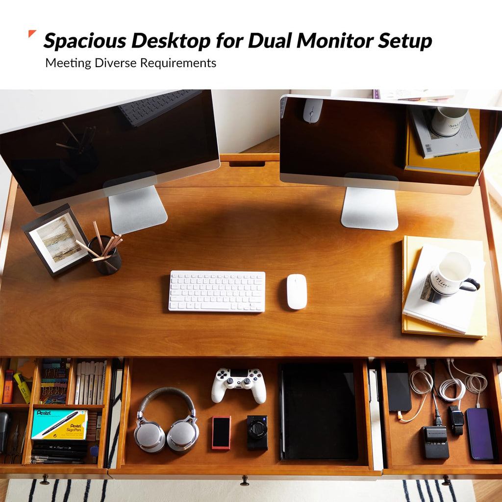 Office Desk with 3 Drawers & Solid Wood Legs, Writing Table with Charging Station & Cable Management, Mid