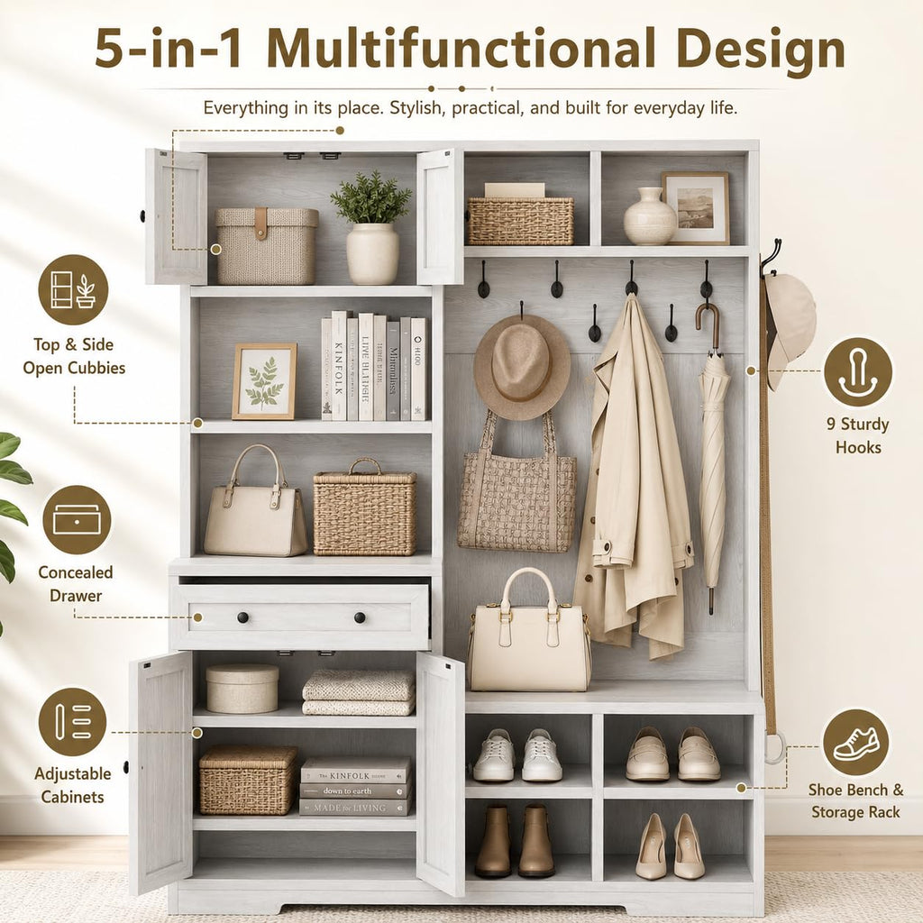 5-in-1 Hall Tree with Bench and Shoe Storage, 51" W Entryway Organizer Coat Rack, Rustic White