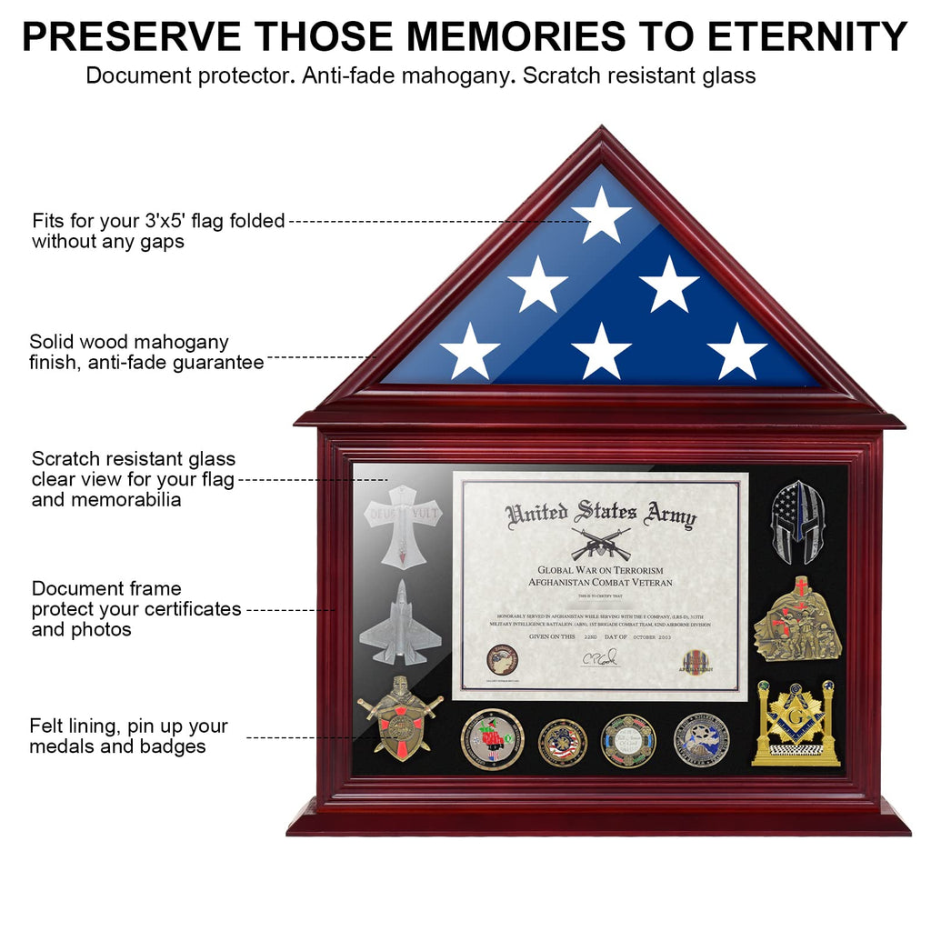 Solid Wood Flag Certificate Display Case Box with HD Tempered Glass Fit Small Folded 3'x5' American Flag(Not for