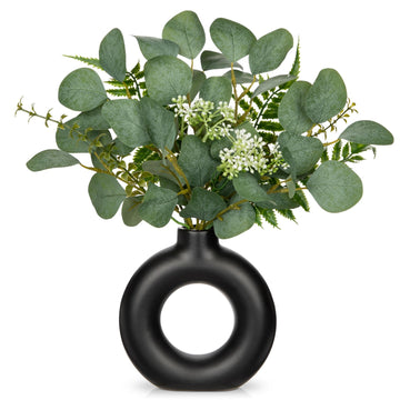 Artificial Eucalyptus Stems in Ceramic Vase 14.23" Fake Eucalyptus Plant Decor Black Donut Vase with Greenery