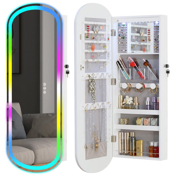 LED Jewelry Cabinet Wall/Door Mounted, RGB Lighted Mirror Jewelry Armoire Organizer Over the Door Full-Length Lockable