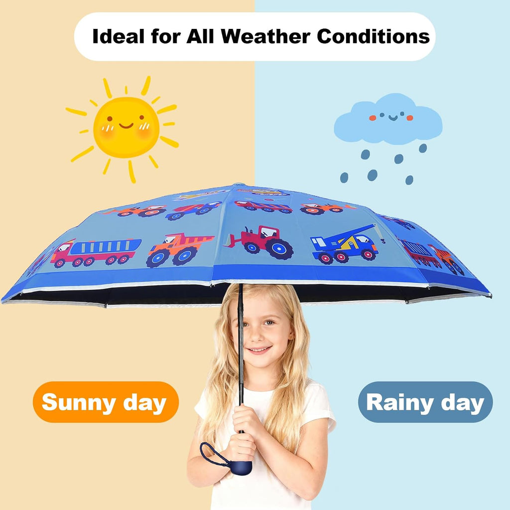 Kids Automatic Umbrella with Cartoon Print & Reflective Strip,easy One-Button Open Close, UPF 50+ Sun & Wind