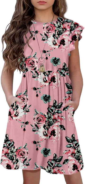 Girls Floral Dress Boho Ruffle Sleeve Pleated Casual Swing Dress