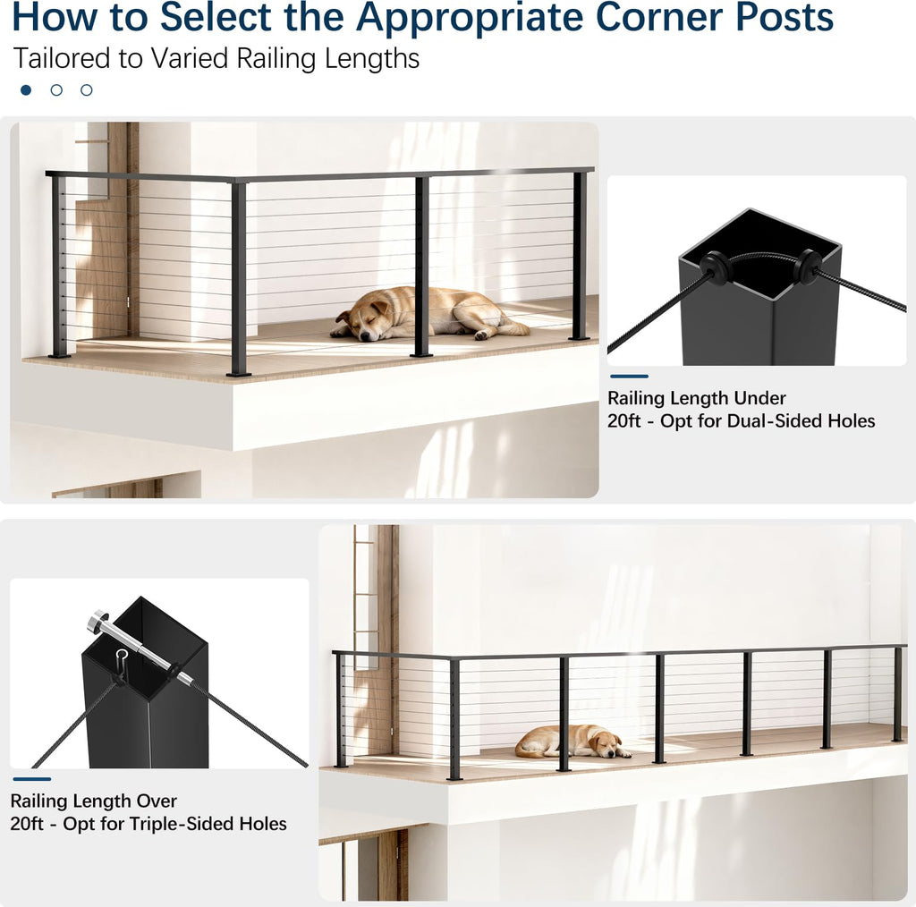 36" Cable Railing Corner Post, Fixed Top Mount 90° L-Drilled One Post Corner Solution, Stainless Steel T304