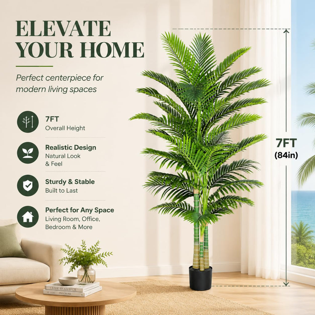 7ft Tall Triple Golden Cane Palm Tree Artificial Palm Tree Indoor Plant