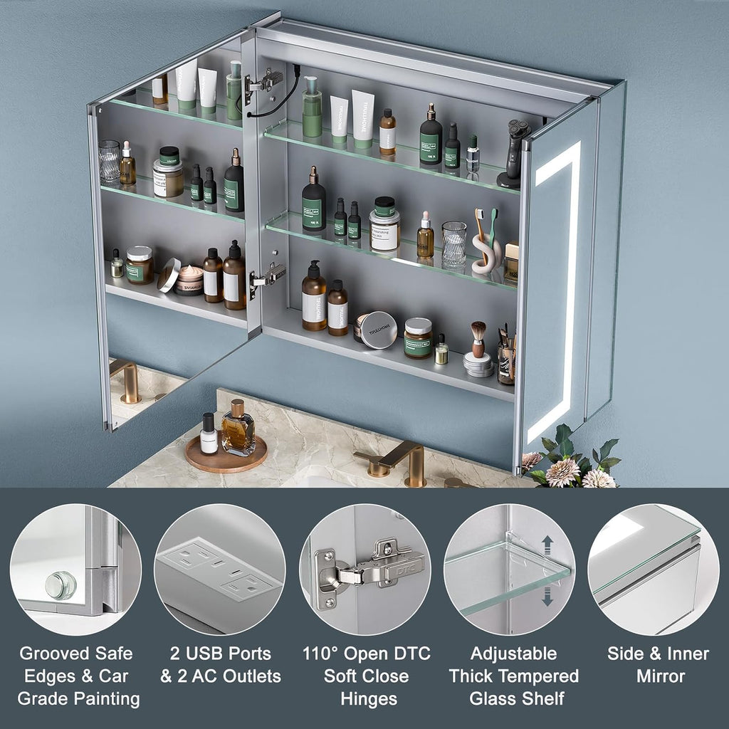 Upgraded Tempered-Mirror Medicine Cabinet with Lights 24x26 inch, Plug-in or Hardwired, Anti-Fog/3 Colors/Dimmable