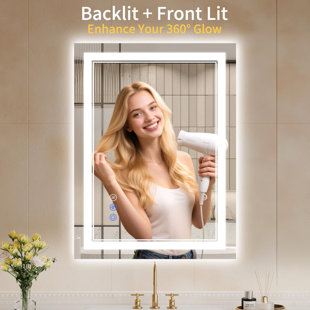 24"x32" LED Bathroom Mirror with Lights, Anti-Fog, Backlit + Front Lit, Dimmable, Led Vanity Mirror for Wall, Lighted