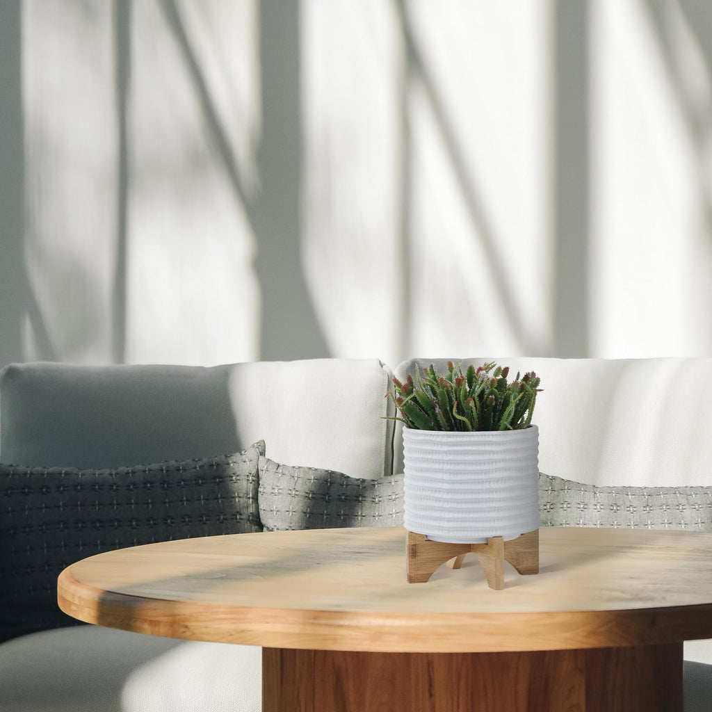 Ceramic Planter with Bamboo Stand - Modern Home Decor Indoor Plant Pot with Textured Stoneware Design - Decorative