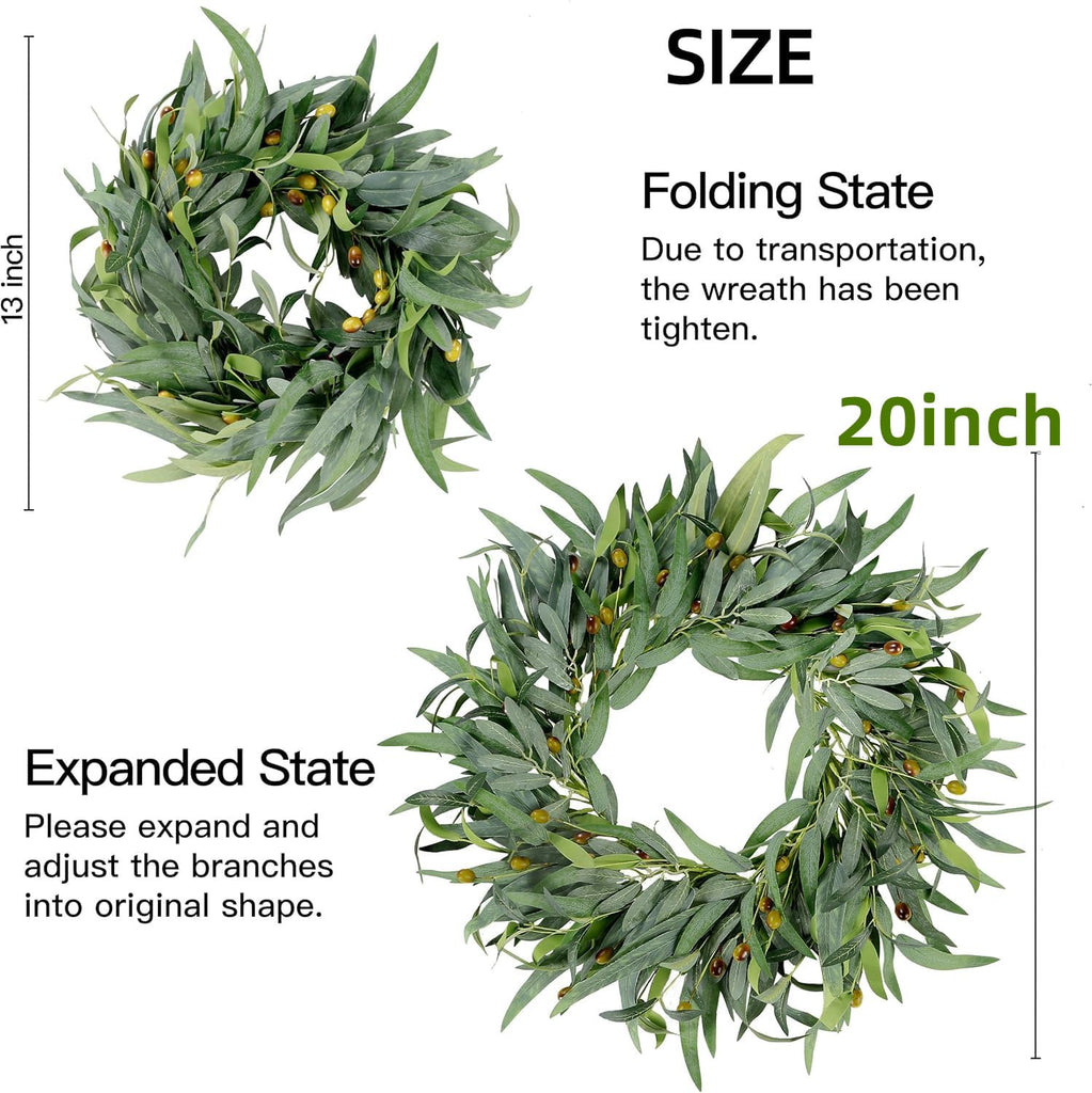 Artificial Olive Wreath for Front Door 20 inch Greenery Wreath with Olive Leaves Olive Bean Green Leaves Wreath