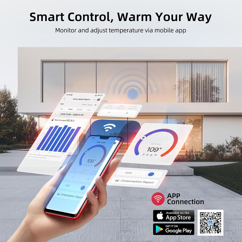 Tankless Water Heater Propane, 199, 000 BTU, Indoor Installation, Max 10.3 GPM, WiFi&APP Control