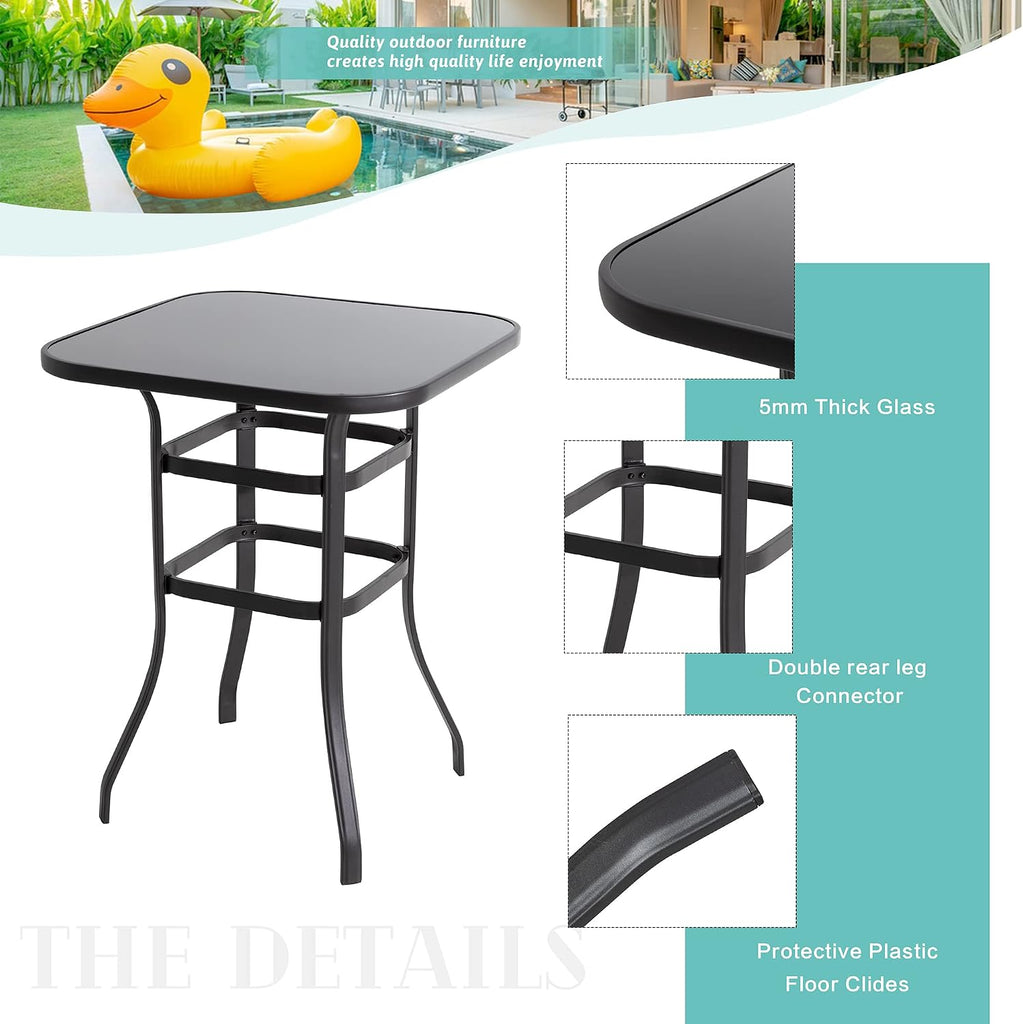 3 Piece Patio Swivel Bar Set, All Weather Mental Textilene High Swivel Bar Stools Chair Set of 2 and Glass Bar Table