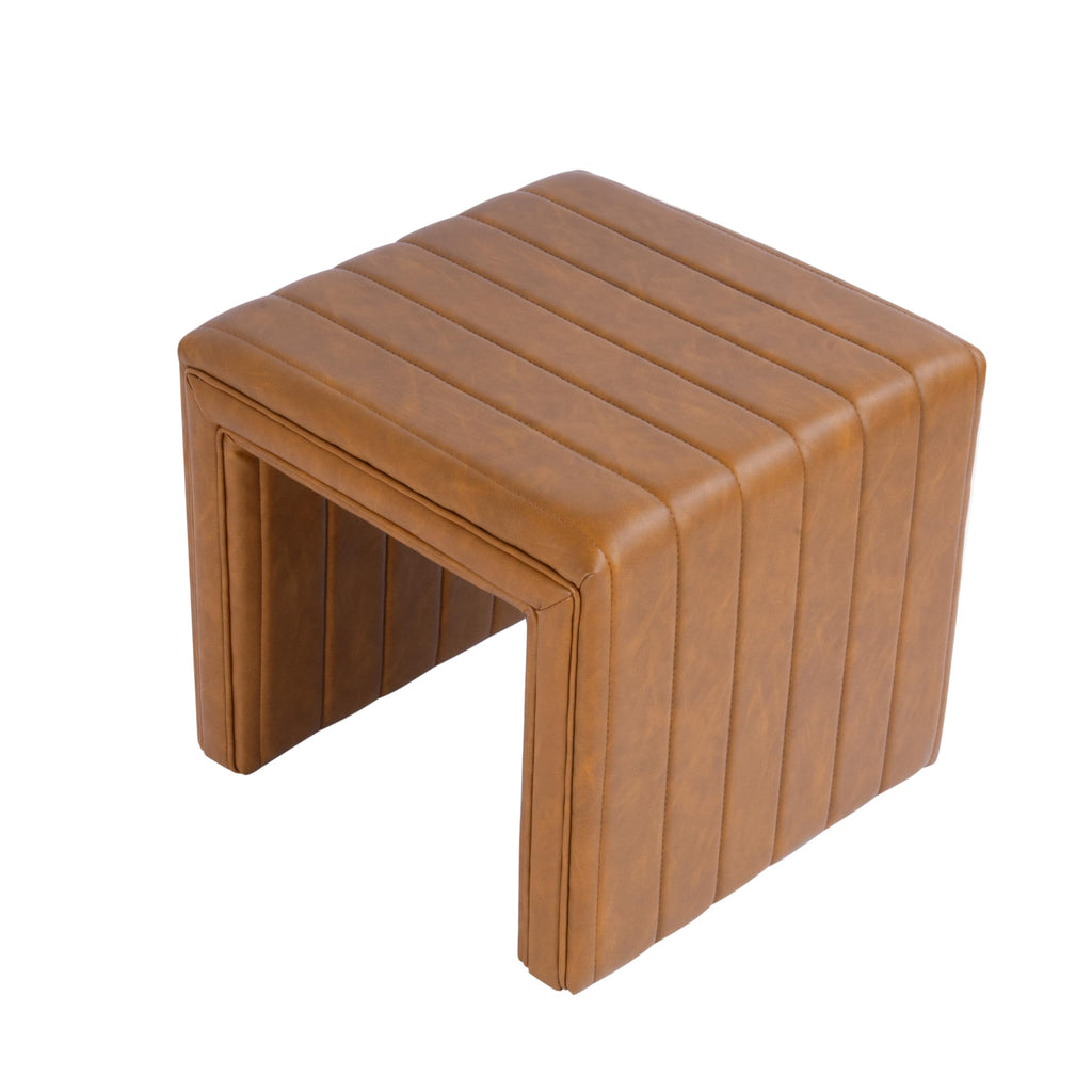 19" Modern Channel Tufted Ottoman - Carmel Brown Faux Leather