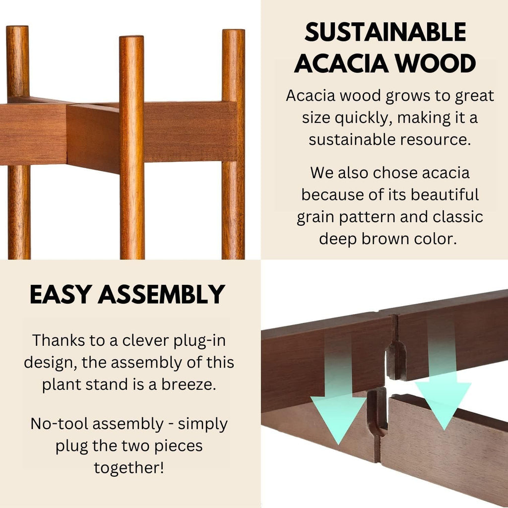 Mid Century Plant Stands for Indoor Planters, Acacia, 10 Inch | Plug In Design, Holds 175 lbs, Two High Options