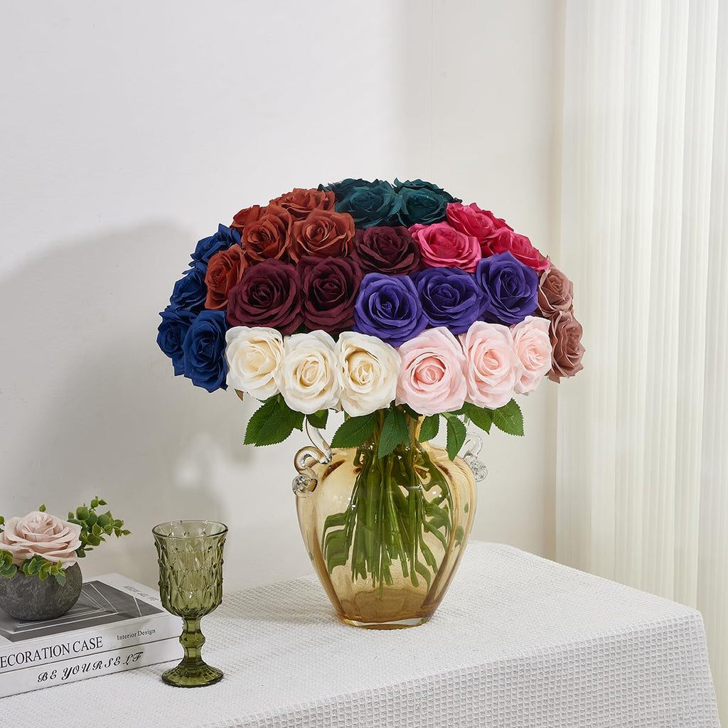 50pcs Burnt Orange Roses Artificial Flowers Bulk, Fake Roses Silk Flower with Stems Realistic Flowers for Wedding
