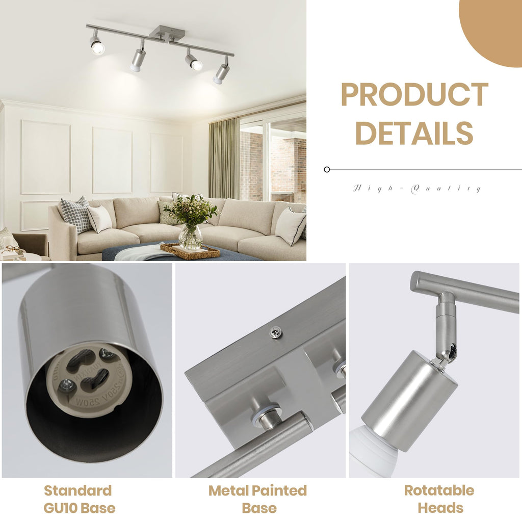 Long Stem Track Lighting, Nickel Hardwired GU10 Ceiling Spotlight, Rotatable Adjustable Long Arm Track Light