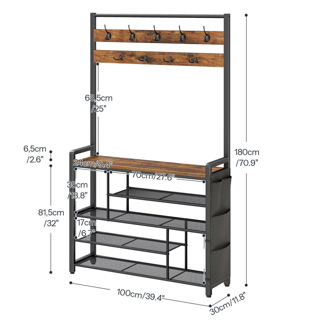Hall Tree with Bench, Shoe Rack with Coat Rack, 39.4" Coat Rack with Shoe Storage, 5 Tier Shoe Storage Organizer