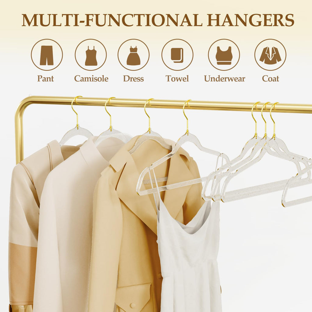 50 Pack Clear Acrylic Hangers with Gold Glitter, Space Saving