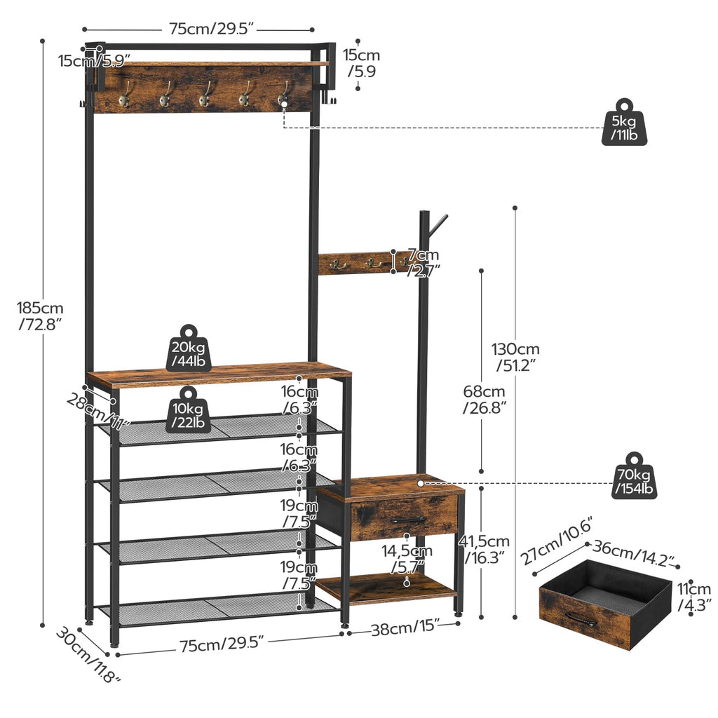 Hall Tree, Entryway Coat Rack Shoe Bench, Shoe and Coat Rack, Hall Tree Coat Rack, with Non-Woven Fabric Drawer, for