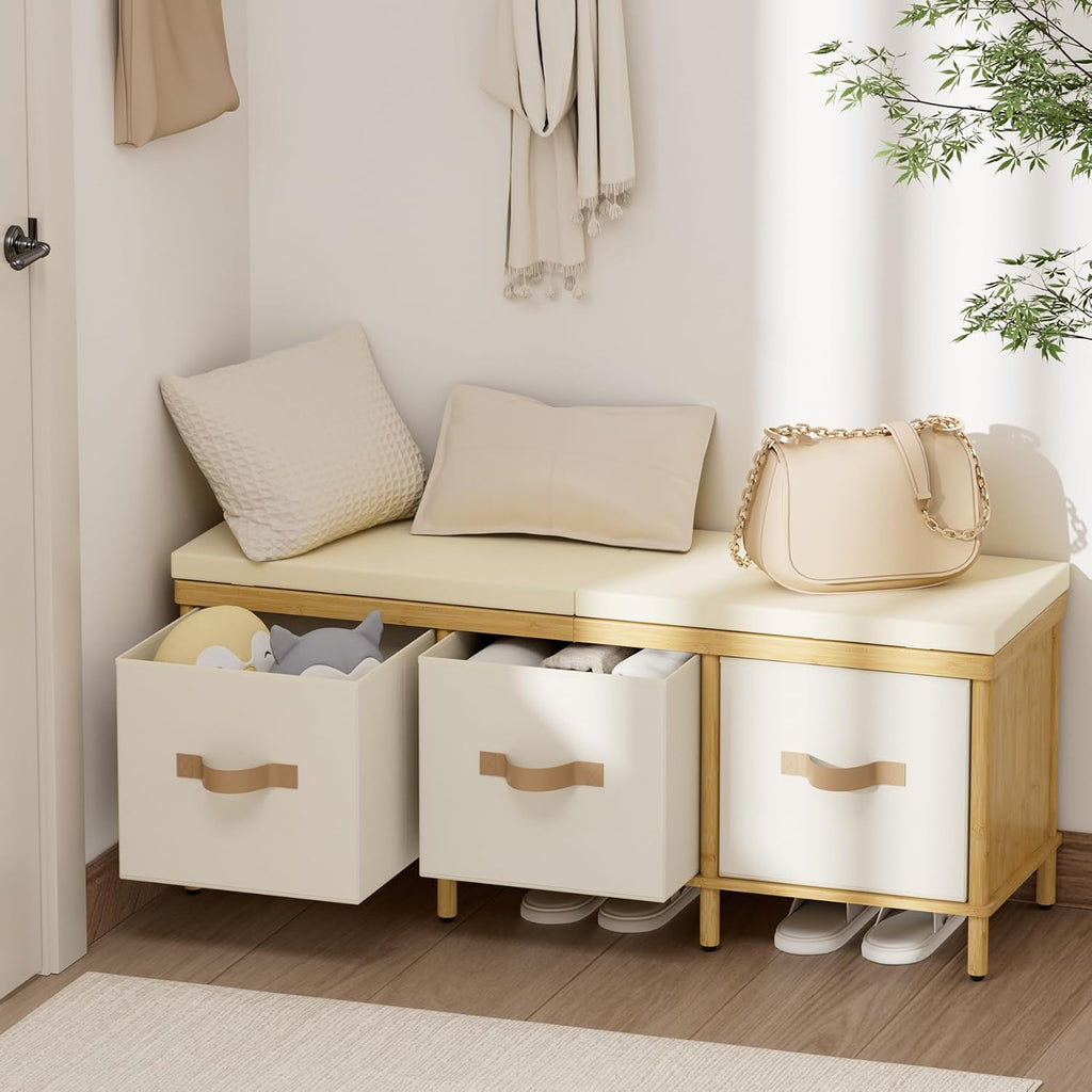 Storage Bench, 43.3" Bamboo Storage Chest with 3 Drawers, Entryway Bench with Cushioned Seat, End of Bed Bench with