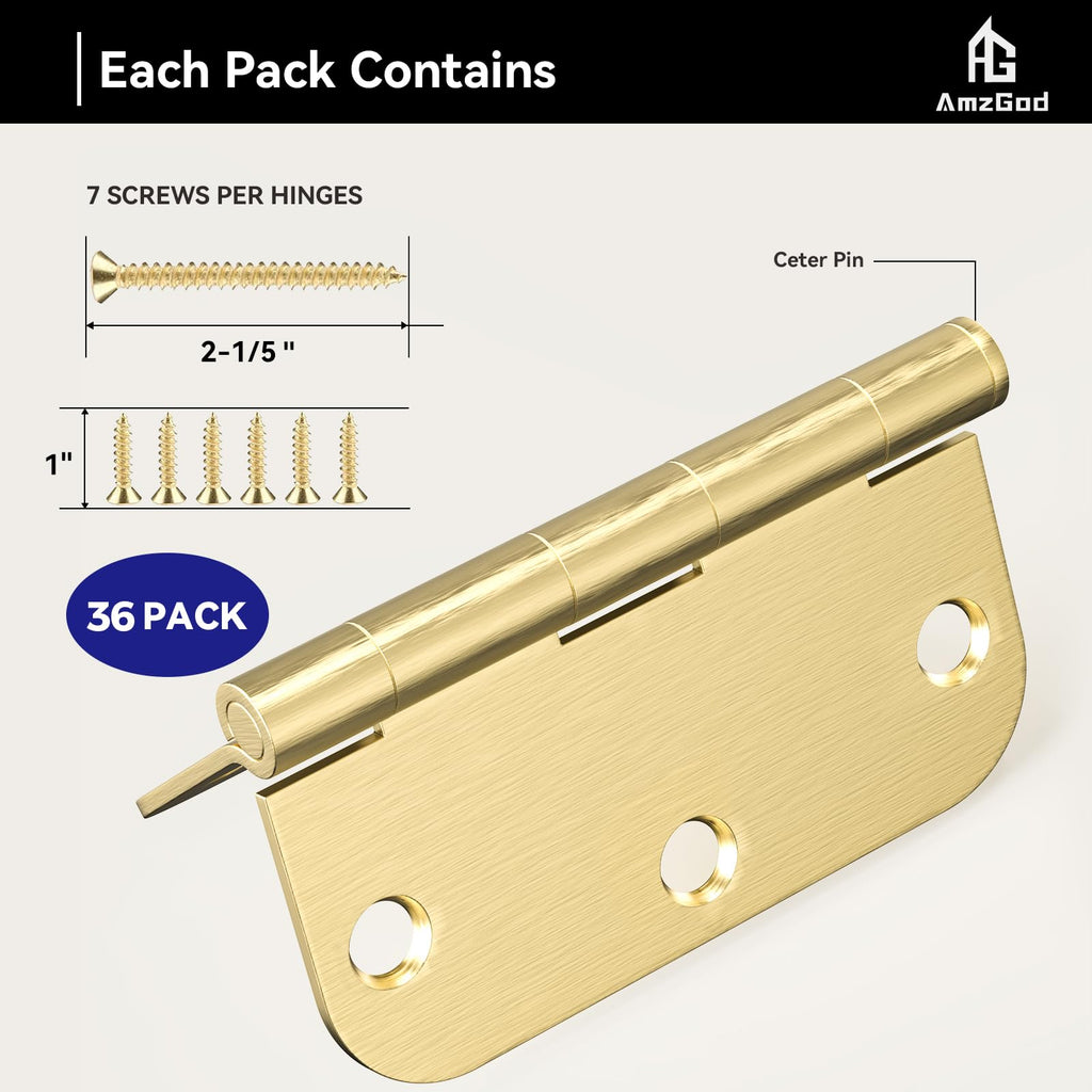 Door Hinges Satin Brass - 36 Pack Gold Door Hinges 3.5 Inch Rounded Interior Door Hinge with 5/8" Radius - 3 1/2
