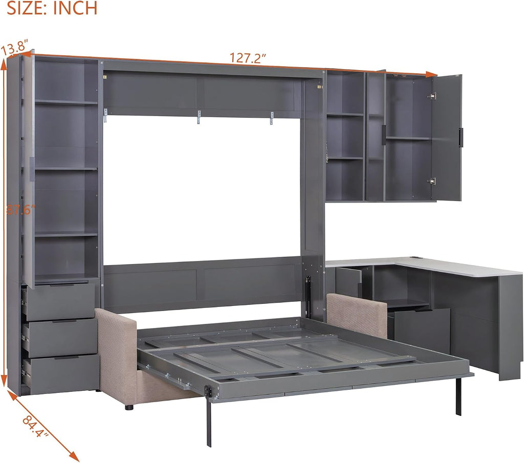 Queen Wall Murphy Bed with Upholstered Sofa & Desk, Solid Wood Foldable Platform Bed Frame with LED/USB Charging