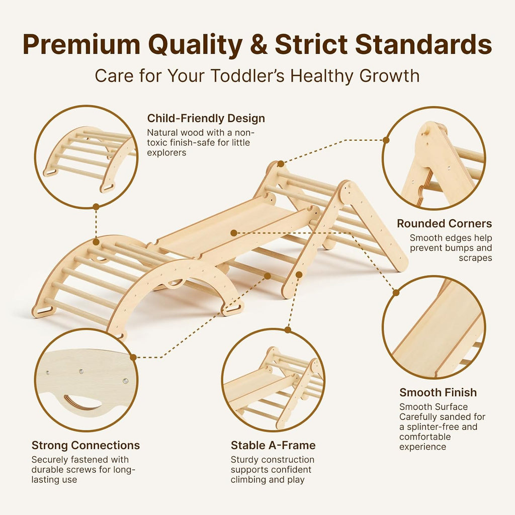 Pikler Triangle Set, Wooden Montessori Climbing Toys for 1-3 Year Old, Foldable in-1 Toddler Baby Indoor Play Gym